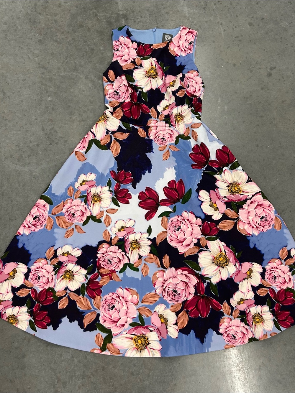 Vince Camuto Blue Floral Fit-and-Flare Dress with Pink and Burgundy Blooms